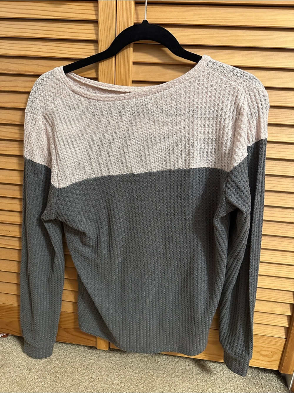 SHEIN Two-Tone Waffle Knit Long Sleeve Top - Blush & Gray